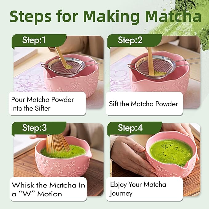 Matcha Whisk Set, Pink Matcha Set, Ceramic Matcha Kit, Matcha Tea Set Includes Matcha Bowl, Matcha Whisk, Matcha Whisk Holder, Bamboo Scoop, Powder Sifter - 7 Pcs Matcha Set Christmas Gifts for Women