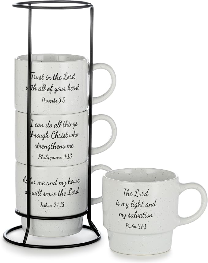Signature Housewares Stackable Coffee Mug Tower Set with Metal Wire Rack - 15 Ounce Coffee Mugs for Coffee, Tea, Cocoa, Milk, Cappuccino, Hot Chocolate Set of 4 - Inspirational Bible Verses by SignatureHousewares