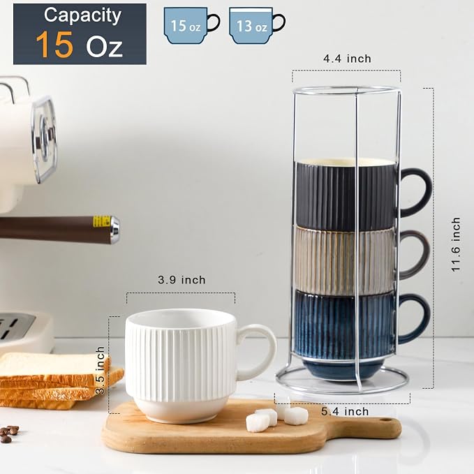 Hasense Coffee Mug Set of 4 with Holder - 15 oz Stackable Large Ceramic Ribbed Latte Cup Set for Cappuccino, Tea, Hot Cocoa, Drinks - Dishwasher & Microwave Safe Multi color - Image 3