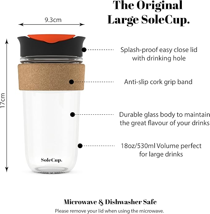 Large Travel Mug - Reusable Insulated Coffee Mug - 18oz/530ml BPA-Free Hot Drink Travel Mug with Lid & Cork Band (Black, 18oz)