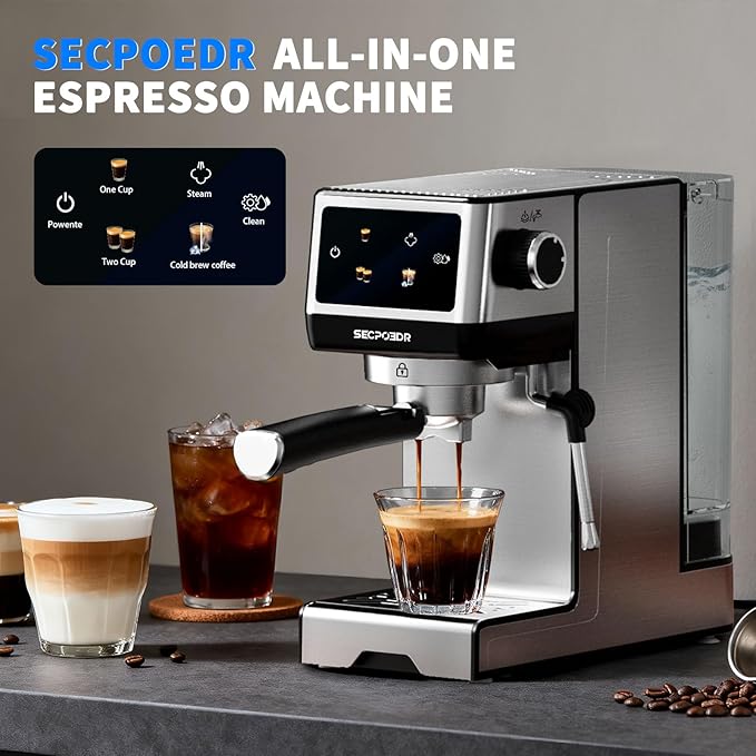 Espresso Machine, 20 Bar Cappuccino Machines with Milk Frother for Home, Compact Espresso Maker & Stainless Steel Coffee Machine for Cappuccino, Latte, Cold Brew, Silver