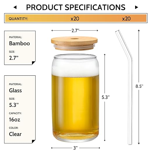 VITEVER [ 20pcs Set ] Glass Cups with Bamboo Lids and Glass Straw - Beer Shaped 16 oz Iced Coffee Drinking Glasses, Cute Tumbler Cup for Smoothie, Boba Tea, Whiskey, Water - Image 2