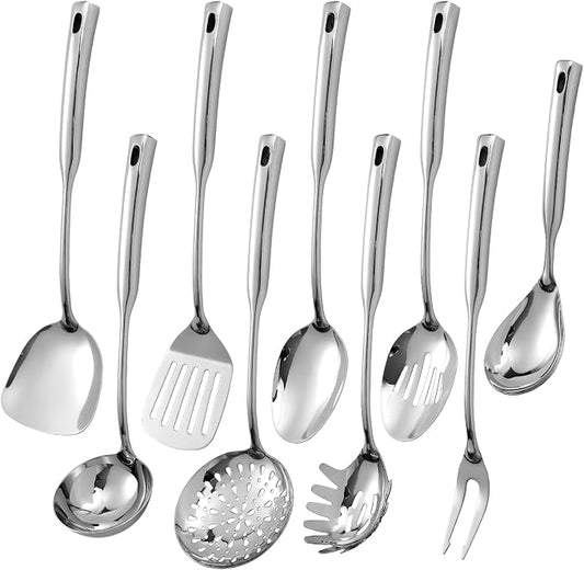 304 Stainless Steel Kitchen Cooking Utensils Set - 9 PCS Serving Utensils, Include Skimmer, Soup Ladle, Spaghetti Server, Wok Spatula, Slotted & Solid Spoon, Slotted Spatula Turner, Meat Fork (Silver） by IzurokBuynow