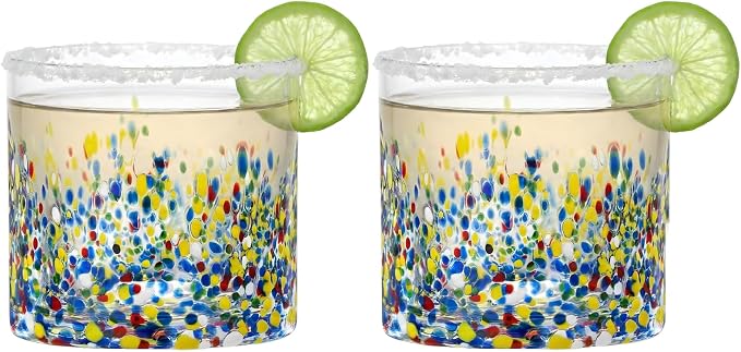 Large Confetti DOF Glasses – Set of 2-11oz Luxury Hand Blown Confetti Whiskey, Margarita, Martini, Cocktails, Water, Wine, Dessert & Champagne Glasses Cinco de Mayo, Hand Blown - Mexican Water Glass by TheWineSavant
