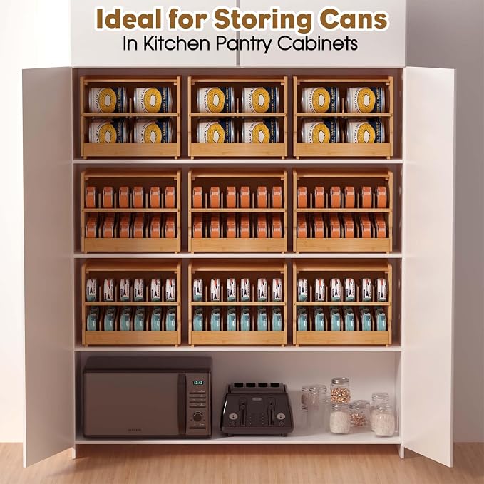Stackable Bamboo Cat Food Can Organizer, Cat Canned Food Organizer Storage | 2-Tier Adjustable Stacking Can Dispensers, First-In & First-Out System, Holds Up to 36 Cans - for Pantry, Cabinet, Countertop - Image 7