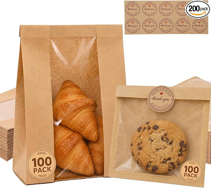 200PCS Large Bread Bags 13.7”x8.3”x3.5” and Cookie Bags 7.8”x7.41” for Homemade Bread and Cookies with Clear Window with 200 Stickers Sourdough Bread Bags for Toast Nuts Candy by Unknown