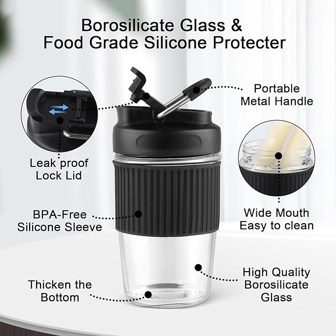 Sivaphe Reusable Glass Ice Hot Coffee Cup 16 oz, Portable Travel Mug with Spill-Proof Lid and Thermal Sleeve for Home Office Blue