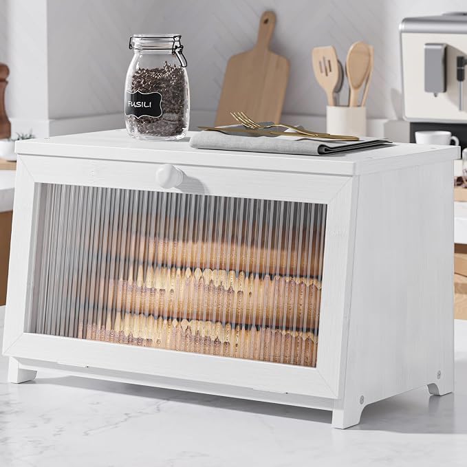 Kitsure Wooden Bread Box for Kitchen Countertop, 1-Tier, White | Large Capacity Kitchen Countertop Organizer, Stylish Bread Storage with Window, Multi-functional Container by Kitsure