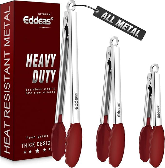 Tongs For Cooking - Silicone Metal Kitchen Tong 7" 9" & 12" Red | 600°F Heat Resistant Silicone Tong, All Metal handle Locking Tongs with Silicone Tips, Heavy Duty Stainless steel by Eddeas