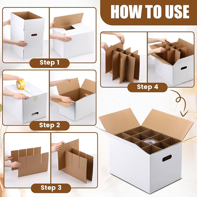 MotiMind 2 Sets Wine Glass Moving Boxes with Divider Kits Kitchen Moving Boxes 15 x 12 x 10 Inches Glassware Packing Box with 18 Foam Pouches for Glasses Packing Supplies - Image 6