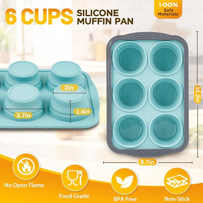 Silicone Muffin Pan, 6 Cups Non-Stick Cupcake Pan, Food-Grade BPA-Free Muffin Tin, Oven-Safe 450 °F, Reinforced Steel Frame, Easy-Grab Handles, Quick-Release 2.7" Baking Molds for Mini Treats - Image 2