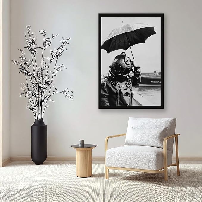UXCBIA Deep Sea Diver Holding Umbrella, 1940s Paris, Black And White Vintage Photo, Lake House Poster Canvas Poster Bedroom Decor Sports Landscape Office Room Decor Gift Black Frame 08x12in(20x30cm) - Image 7