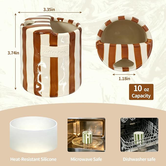 2-Pack 10 oz Ceramic Coffee Mug with Sip Hole & Silicone Sleeve | Cute Hand-Painted Striped Porcelain, Gift for Coffee Lover, Cold & Hot Drinks, Microwave & Dishwasher Safe, Green, Brown - Image 5