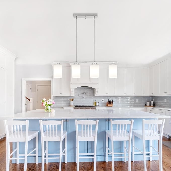 Brushed Nickel Kitchen Island Lighting Modern Dining Room Light Fixtures | 4-Light Linear Chandelier Over Table, 30'' Island Lights for Kitchen White Frosted Glass Shades, Adjustable Height - Image 8