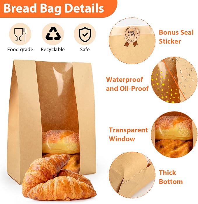 80 Pcs Bread Bags for Homemade, ROOKEA Sourdough Bread Bags with Window for Baked Paper Packaging with Sealing Stickers Bakery Cookie Food Snack Storage Large Kraft Paper 13.7x8.2x3.5 inch - Image 3