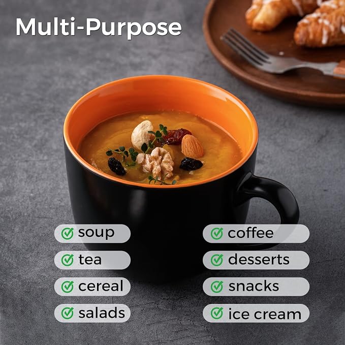 GBhome Jumbo Soup Mugs with Handles, 24 Oz Large Coffee Mugs Set of 4 | Ceramic Soup bowls for Soup Cereal Snacks Salad Noodles Cups, Microwave safe - Matte Black, Orange Inside - Image 3