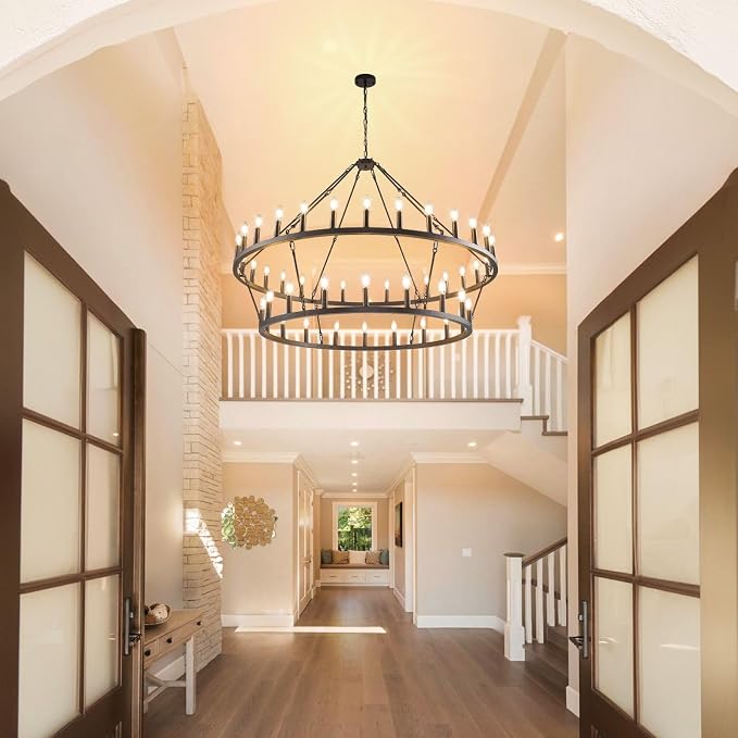 55 Inch Black Wagon Wheel Chandelier, 2 Tier 48-Lights Farmhouse Chandelier for Living Room, Round Rustic Dining Room Light Fixture, Extra Large Foyer Chandeliers for High Ceilings, for Entryway - Image 6
