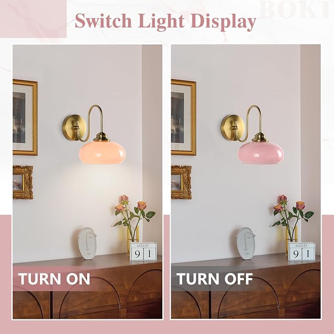Modern Wall Light Elegant Pink Glass Wall Sconce for Bedroom Gold Semi-Flush Mount Wall Lamp Hardwired for Cafe, Dining Room, Hallway, Indoor Use - Image 4