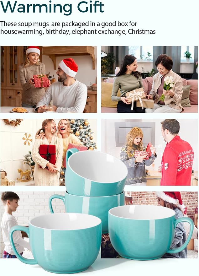 Teocera 24 oz Soup Bowls with Handles, Porcelain Large Coffee Mug Set, Jumbo Mugs, Soup Bowls Mugs set of 4 for Coffee, Oatmeal, Stew - Striped Design, Turquoise - Image 3
