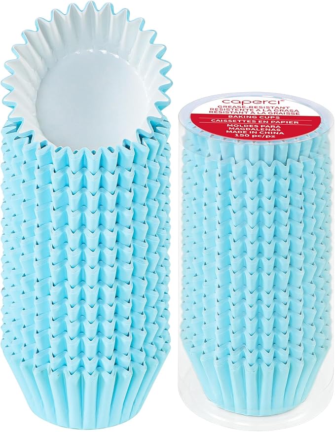 Caperci Grease-Resistant Standard Blue Cupcake Liners 150 Counts - Heavy Duty Paper Muffin Baking Cups, Odorless, No Muffin Pan Needed, Easily Peels (Light Blue) by Caperci