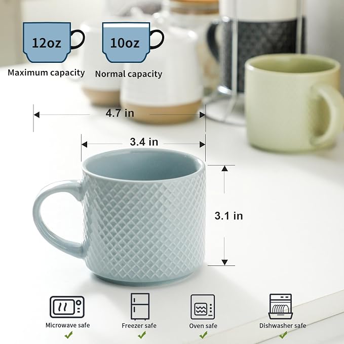 HASENSE Coffee Mugs 12 OZ Ceramic Cups Set of 4, Stackable Embossed Coffee Cups with Rack, Porcelain Coffee Cups for Latte, Cappuccino, Mocha, Cocoa, Americano, Hot Tea and Milk, Multi Color - Image 3