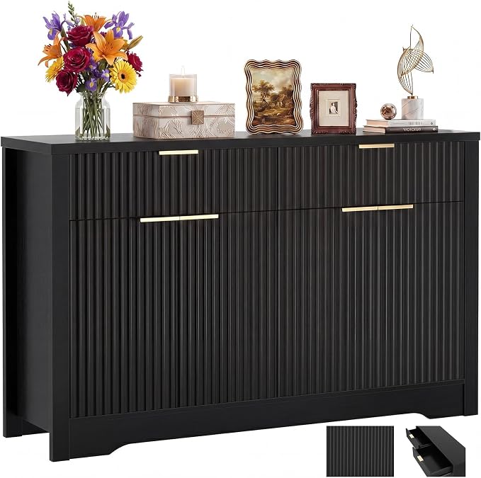 Cyclysio 55" Fluted Buffet Cabinet with Drawers, Modern Sideboard Credenza with Adjustable Shelves, Coffee Bar Table with Storage for Dining Room, Entryway, Kitchen, Black by Cyclysio