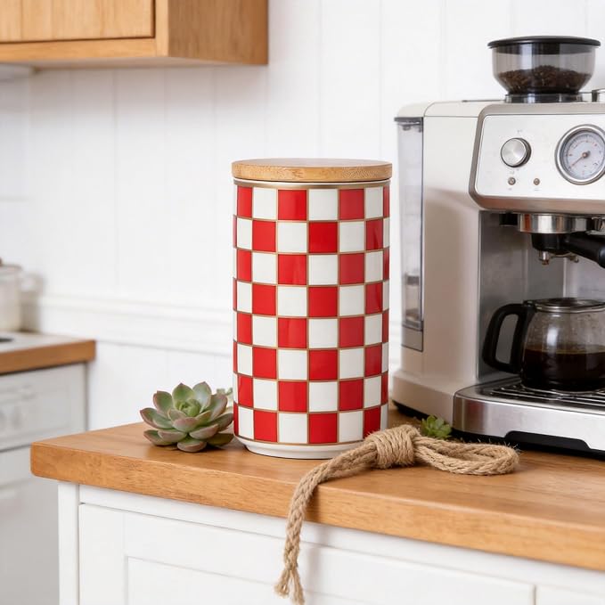 Kitchen Countertop Ceramic Checkered Canisters,Black And White Food Storage Containers With Lid,Airtight Kitchen Canisters for Flour, Sugar, Coffee, Tea, and Dry Goods (Red, Large) - Image 2