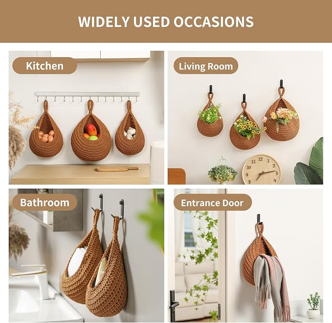 Boho Wall Hanging Fruit Baskets for Kitchen 3 Pack Woven Produce Holder with 6 Pcs Strong Hooks Vegetable Hanging Basket for Organizing Teardrop Home Wall Potato Onion Storage, Caramel - Image 6