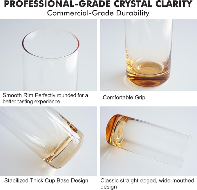 Amber Highball Glasses Set of 6,13oz Drinking Glass Cups for Mixed Drink Cocktail, Beer, Mojito, Water and Juice,Thick Tall Crystal Glassware for Kitchen, Restaurant, Home Bar and Parties - Image 3