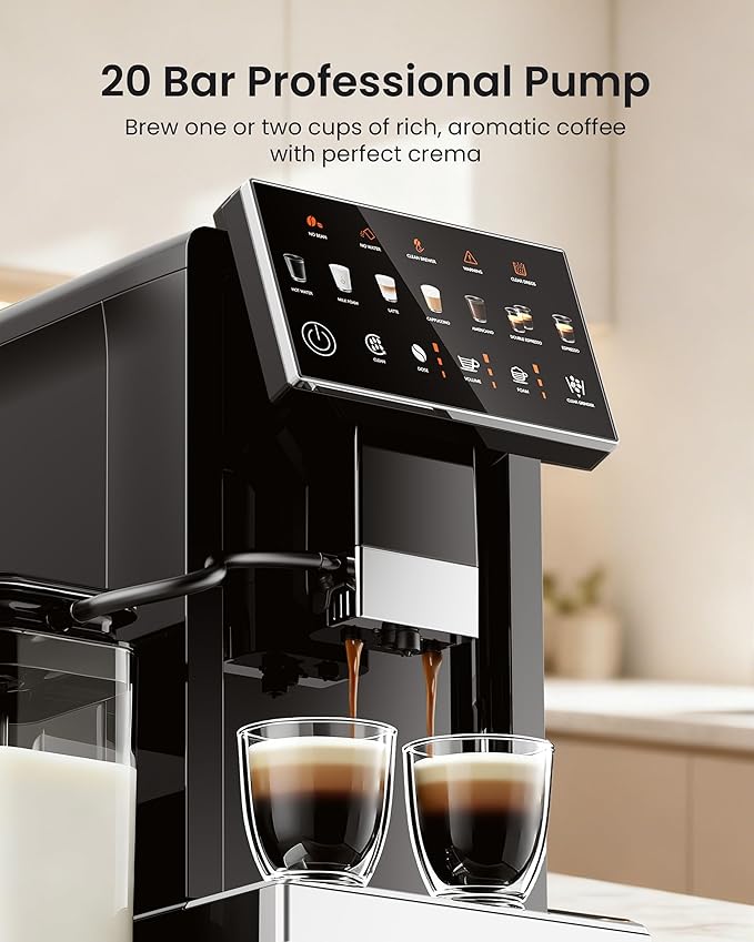 Fully Automatic Espresso Machine with Grinder & Milk Frother | 20 Bar Pressure, 15 Grind Settings, Touch Screen Control and Self-Cleaning Function for Espresso, Latte and Cappuccino - Image 2