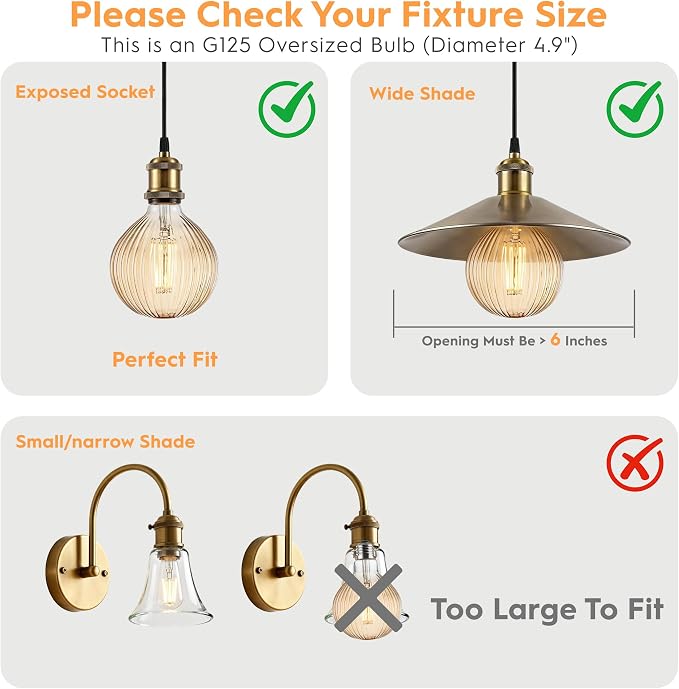 G125 LED Filament Bulb,4W Dimmable E26,2200K Amber Glass,4 Pack | Decorative Oversized Edison Bulb, Squirrel Cage Filament, Dim, For Indoor & Outdoor Cafe, Hotel, Kitchen & Dining Room Decor - Image 3