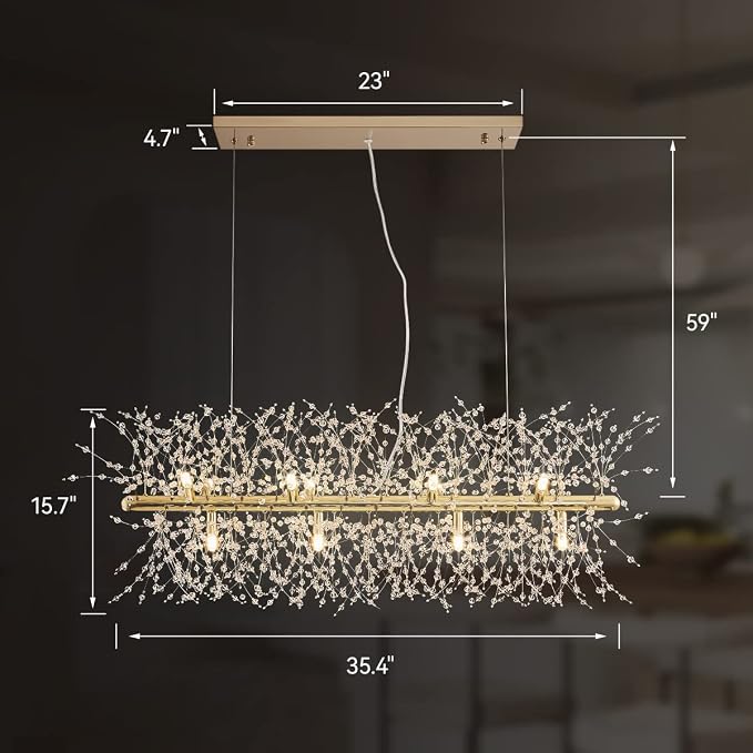Modern Gold Crystal Firework Chandelier Linear Lighting Fixtures | 35.5" Sputnik Ceiling Light Fixture Rectangular Hanging Pendant Light for Kitchen Island Dining Room Living Room 12-Lights - Image 2