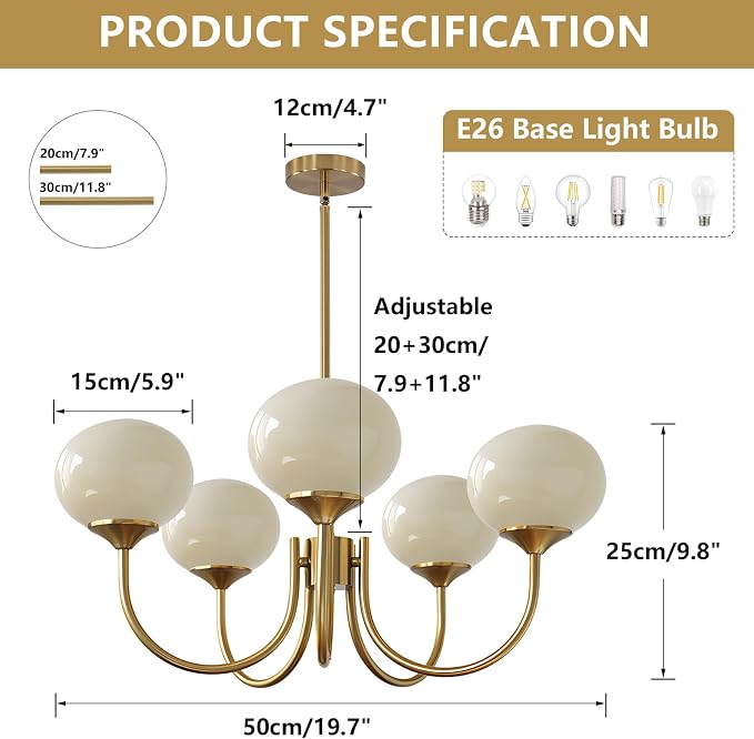5 Light Mid Century Modern Chandelier Vintage Glass Globe Chandelier Brass Gold Ceiling Pendant Light Retro Chandeliers for Dining Room Kitchen - Image 2