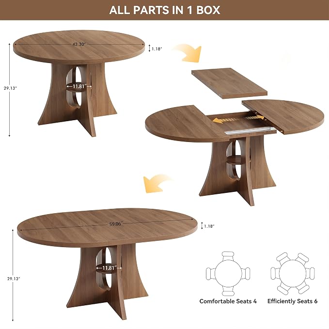 43.3"-59" Extendable Round-to-Oval Dining Table with Leaf & Storage | Oval Table, Round Kitchen Table, Seats 4-8, Modern Farmhouse, Space-Saving, Walnut Finish, Circle Table, Oval Dining Table - Image 2