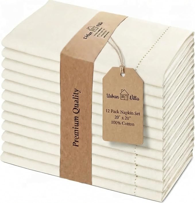 Urban Villa Hemstitch Cloth Dinner Napkins Cotton 20”x20” (Set of 12)-Ivory by CottonTrends