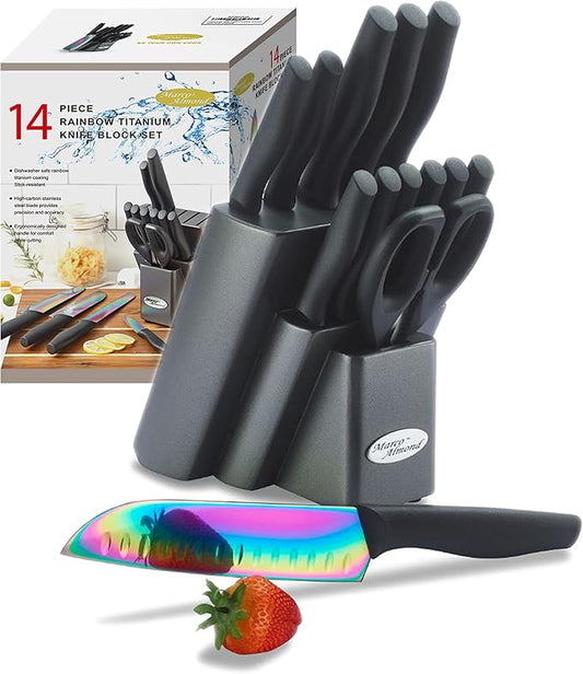 Marco Almond Knife Set w Block 14PC Rainbow Kitchen Knives Set | Stainless Steel,Razor Sharp,Anti-Rust,Restaurant Grade,Ergonomic Black Handle,Full Tang,Restaurant Grade,Gift Box by MarcoAlmond
