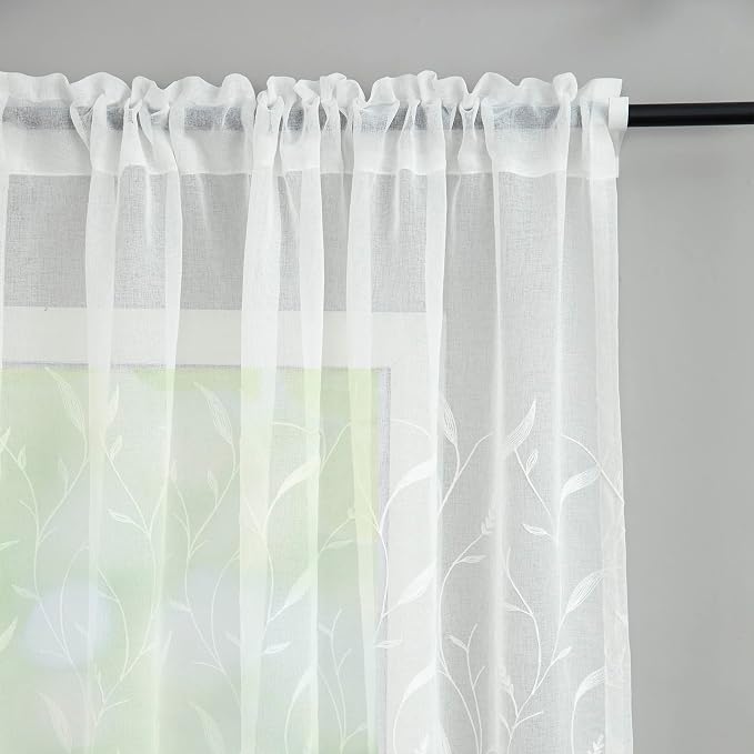 Semi-Sheer Elegant Embroidered Solid White Rod Pocket Window Sheer Curtains/Drape/Panels/Treatment 54 x 84,Two Panels - Image 6