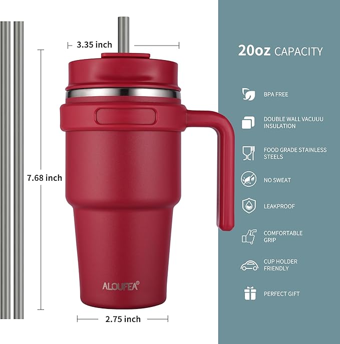 20 oz Insulated Coffee Mug Tumbler with Handle, Stainless Steel Travel Mug Tumbler with Lid and Straw,Double Wall Vacuum Leak Proof Ice Coffee Thermal Cup, Red - Image 2