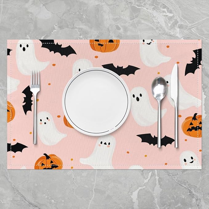 Feelyou Happy Halloween Placemats Set of 4 Pumpkin Lantern Ghost Table Mats for Party Kitchen Dining Decoration Holiday Seasonal Light Pink Orange Place Mat for Dinner Table Indoor Outdoor 18"x12" - Image 2