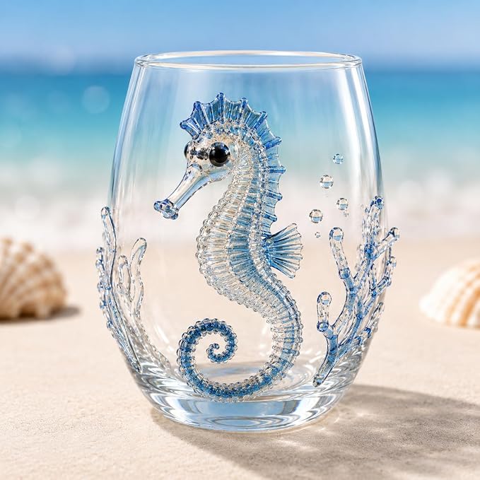 12oz Artisanal Blue Ringed Octopus Glassware, 3D Ocean Animal Artisan Glassware Collection For Fresher Sips, Coastal Elegance & Elevated Home Bar Vibes (Seahorse) by Unknown