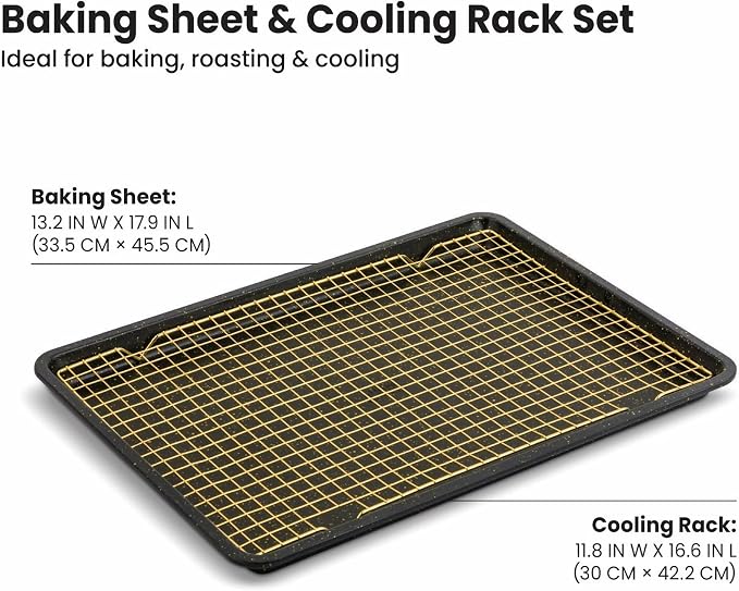 12 x 17 Inch Nonstick Baking Sheet with Wire Cooling Rack Set, Black & Gold Heavy Duty Carbon Steel Bakeware Tray, Oven Safe Easy Clean Pan for Cookies, Pastries & Roasting - Image 4