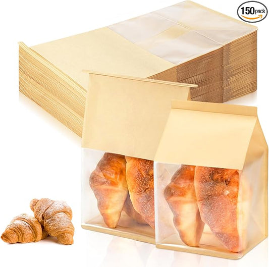 150 Pack Kraft Paper Bakery Bags with Window, 5.1x6.3x10.2 Inches Tin Tie Tab Lock Resealable Bread Bags for Homemade Sourdough, Cookies, and Pastry Packaging by VZZNN