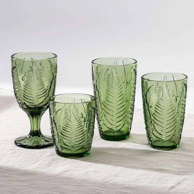 Green Drinking Glasses Set of 8, 12 oz Glass Cups, Vintage Fern Glassware | Hand-Pressed, Dishwasher Safe, Boho Leaf-Textured Drinkware, Embossed Highball Tumblers for Water, Retro Kitchen Gift - Image 9