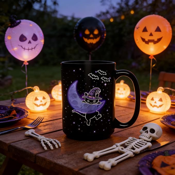 Halloween Witchy Cat Coffee Mug, 15oz Large Tea Cup, Black | Ceramic, With Handle, Celestial Moon Star Design, Gothic Home Decor, Novelty Spooky Gifts for Cat Lovers, Women, Men - Image 7