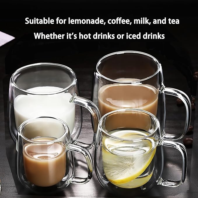 High Borosilicate Double-Wall Glass Mug - Handcrafted Creative Designed Glass Mug with Handle, Perfect for Milk and Coffee (450ml)
