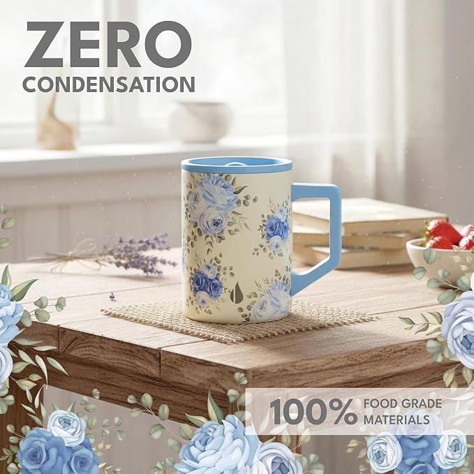 Elemental Insulated Coffee Mug - Triple-Wall Stainless Steel Summit Travel Cup for Hot and Cold Drinks - Thermal Coffee Mug with Lid and Handle for Camping, Office & Travel 16oz - Blue Blooms - Image 6