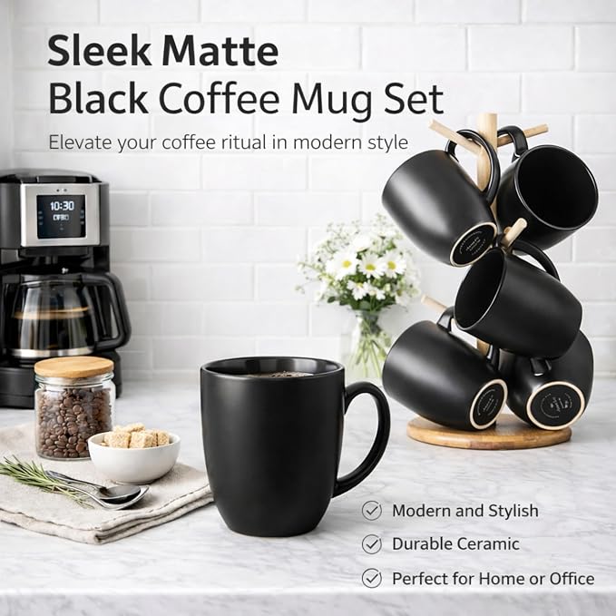 AmorArc 12 OZ Coffee Mugs, Matte Black Coffee Cups with Large Handle for Man, Woman, Ceramic Coffee Mugs Set of 12 for Latte/Cappuccino/Cocoa/Milk, Dishwasher & Microwave Safe - Image 7
