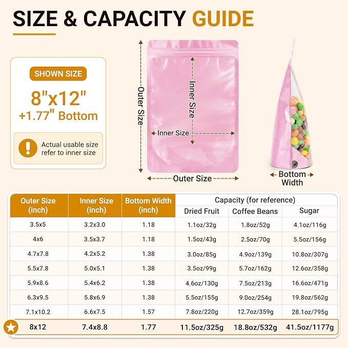 ANZNKU 100PCS Mylar Bags Resealable Large Smell Proof Bags(Pink, 8x12) | Stand Up Foil Pouches Clear Window, Sealable Bags for Small Business Packaging Snack Party Favors Candy Treats Food Storage - Image 2
