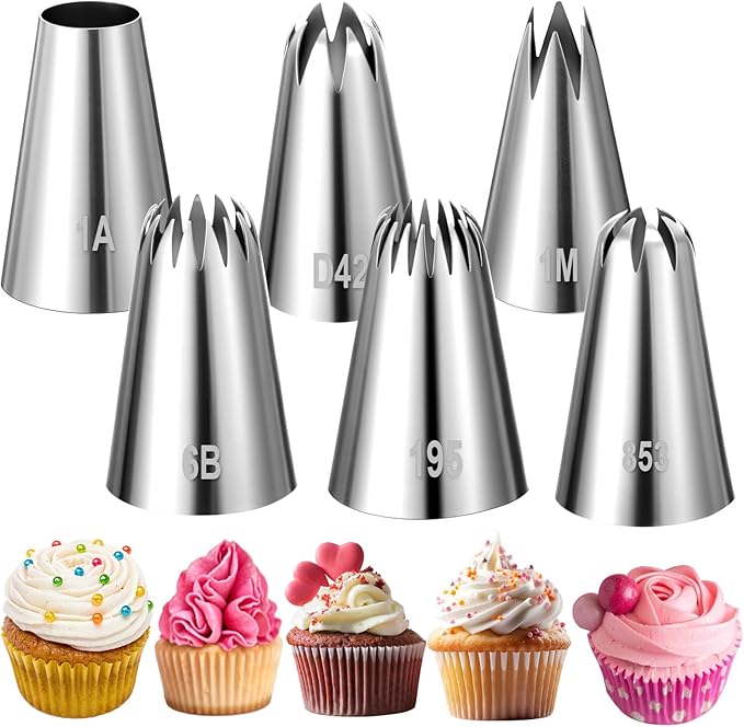 6Pcs Large Piping Tips Set, Stainless Steel Cake Decorating Tips, Piping Nozzles Decorating Tip Frosting Icing Tip For Buttercream, Icing, Birthday Cake and Decorating(1M，6B，195，853，1A，D42)