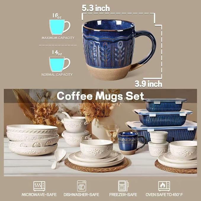 Artena Ceramic Coffee Mugs Set of 4, 16oz Embossed Large Latte Mugs Coffee Cups with Handle for Tea, Latte, Cappuccino & Cocoa, Milk Dishwasher & Microwave Safe, Blue (Wheat Leaf) - Image 5